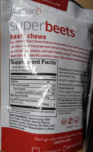 2 HUMANN SUPER BEETS PROMOTES NORMAL BLOOD FLOW SUPPLEMENT 60 X2 120 HEART CHEWS - Picture 6 of 8