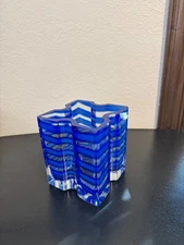 Murano Style Blue And Clear Art Glass Vase Thick Layered Wavy Modern Heavy 4.8lb