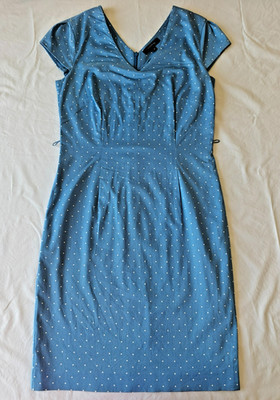 Comma cotton blue white polka dot dress, pencil form, back zipper, 34-36 size