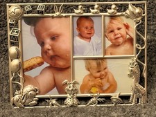 PHOTO FRAME Silver-Tone Metal Baby Nursery Theme Collage Tabletop 4 Photos