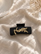 YSL Black Hair Claw Clip Gold Logo Glossy Hair Accessory New