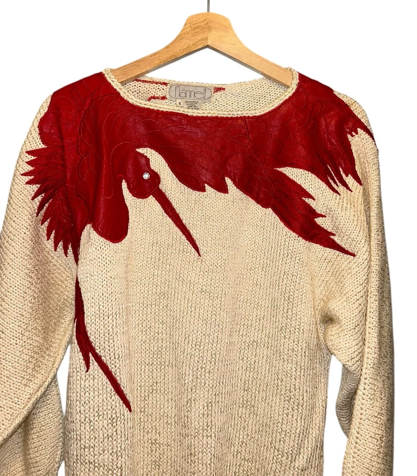 Suéter de punto adornado con apliques de pájaros Nannell de colección años 80 para mujer talla pequeña rojo marfil Foto 2 de 4