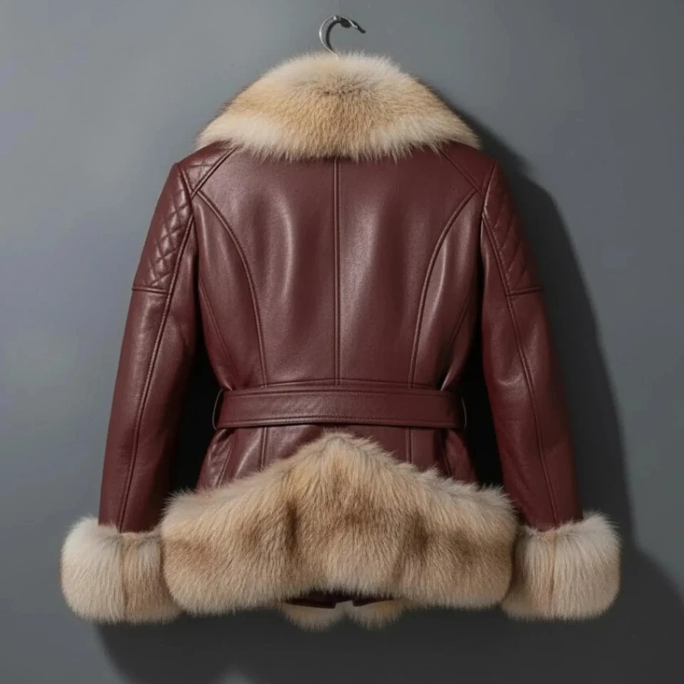 Chaqueta de piel de zorro de cuero borgoña hecha a mano - Abrigo de moto de invierno para mujer, piel real Foto 2 de 4