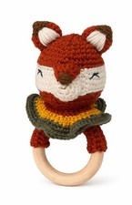 Hand Crochet Fox Baby Teething Ring with Rattle 7" x 4" Woodland Nursery Gift
