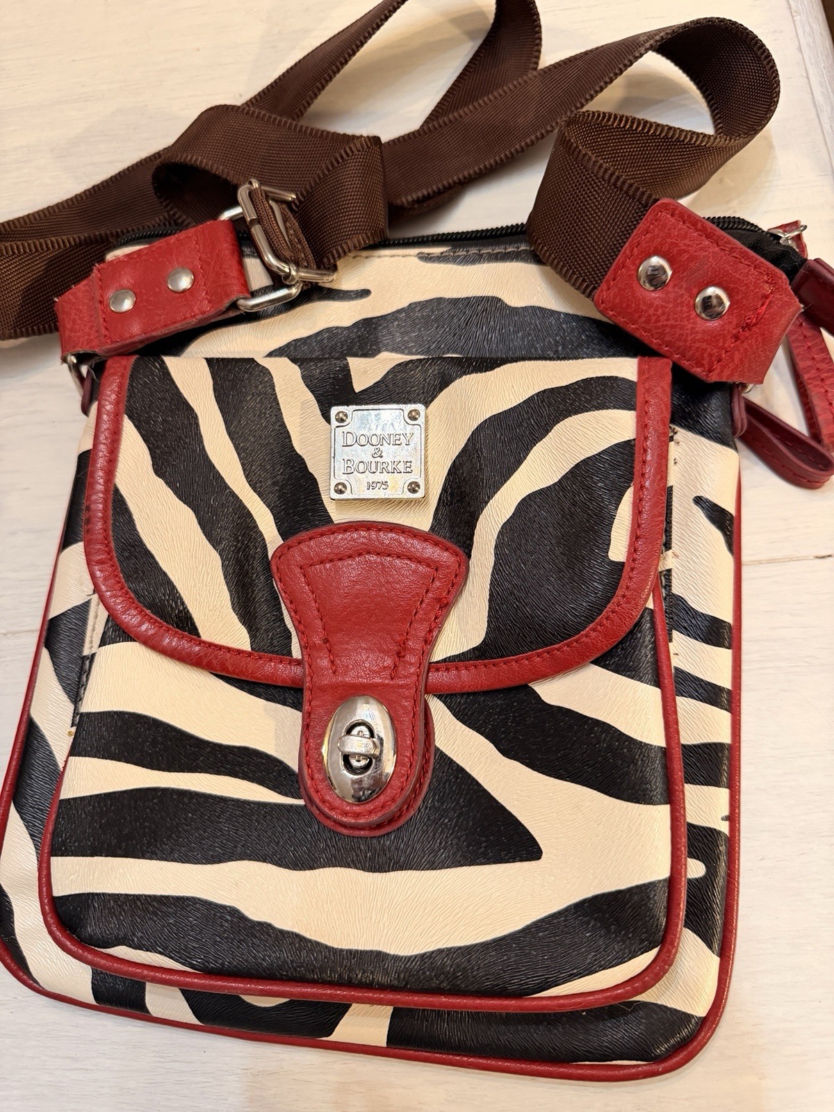 Dooney & Bourke Zebra Print Crossbody Red Accent Adjustable Strap Women's Bag