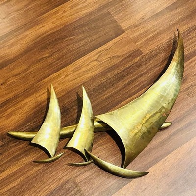 VTG MCM Signed Bijan Bahar Single Sailboat Race Sculpture Art Wall Hanging Brass