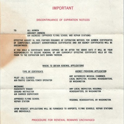 1939 Civil Aeronautics Authority Certificate Renewal Notice Washington Aviation