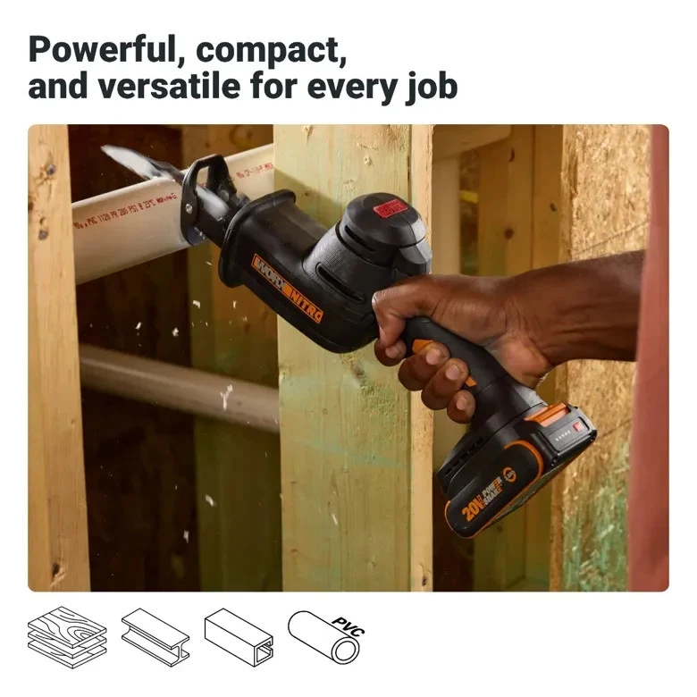 Herramienta de sierra recíproca compacta inalámbrica sin escobillas Worx Nitro 20V + batería de 2,0 Ah Foto 3 de 4