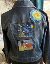 Upcycled Denim Jacket Van Gogh Starry Night Embroidered Medium OOAK Havoc & Hope