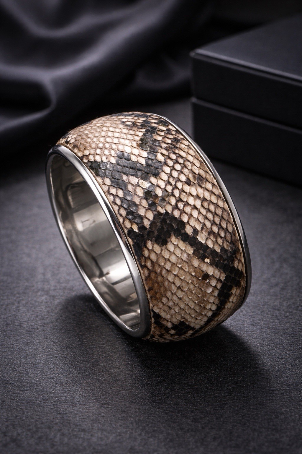Italian Python Dome Cuff Silver Tone Statement Br… - image 1