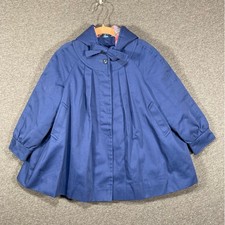 London Fog Vintage Girls Blue Hooded Cape Coat Bow Front Plaid Lined Size 4