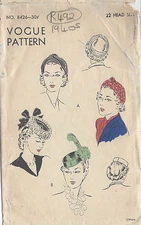 1940s Vintage VOGUE Sewing Pattern HAT S:22" (R492) 