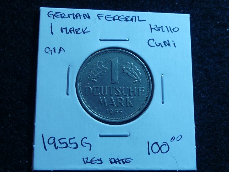 G1A:GERMAN FEDERAL Republic, nice Grade KEY Date, 1 mark dated 1955 G,see photos