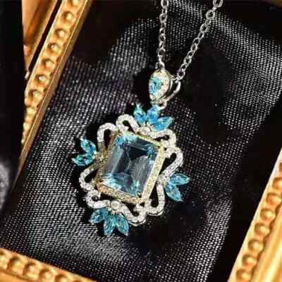4Ct Emerald Lab Created Aquamarine Halo Pendant Necklace 14K White Gold Plated
