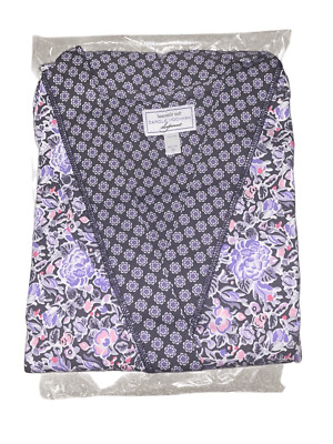 Carole Hochman Women 3X Floral Fields & Geo Cotton Wrap Robe Charcoal Purple NWT