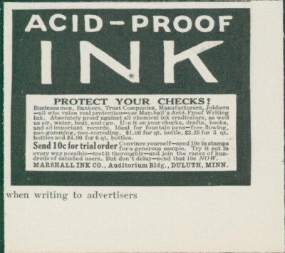 1913 Acid Proof Ink Protect Your Checks Trial Order Offer Marshall Ink Ad SY1