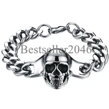 Mens Gothic Skull Curb Cuban Link Chain Biker Bracelet Stainless Steel Bangle 9"