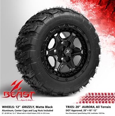 4x GOLF CART 12'' MATTE BLACK GRIZZLY WHEELS and 20'' AURORA HYBRID A/T DOT TIRES