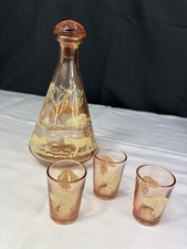 Decanter caccia volpe segugio vetro pesca francese metà XX secolo 3 bicchieri