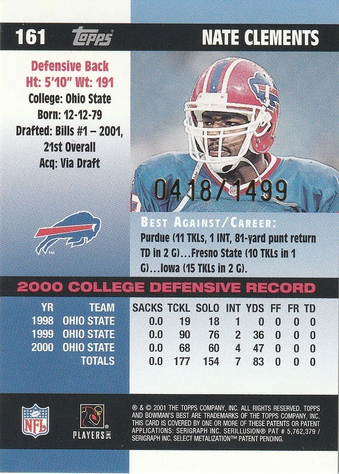 Nate Clements 2001 Bowman’s Best #161 (R) (1418/1499) - Image 2 of 2