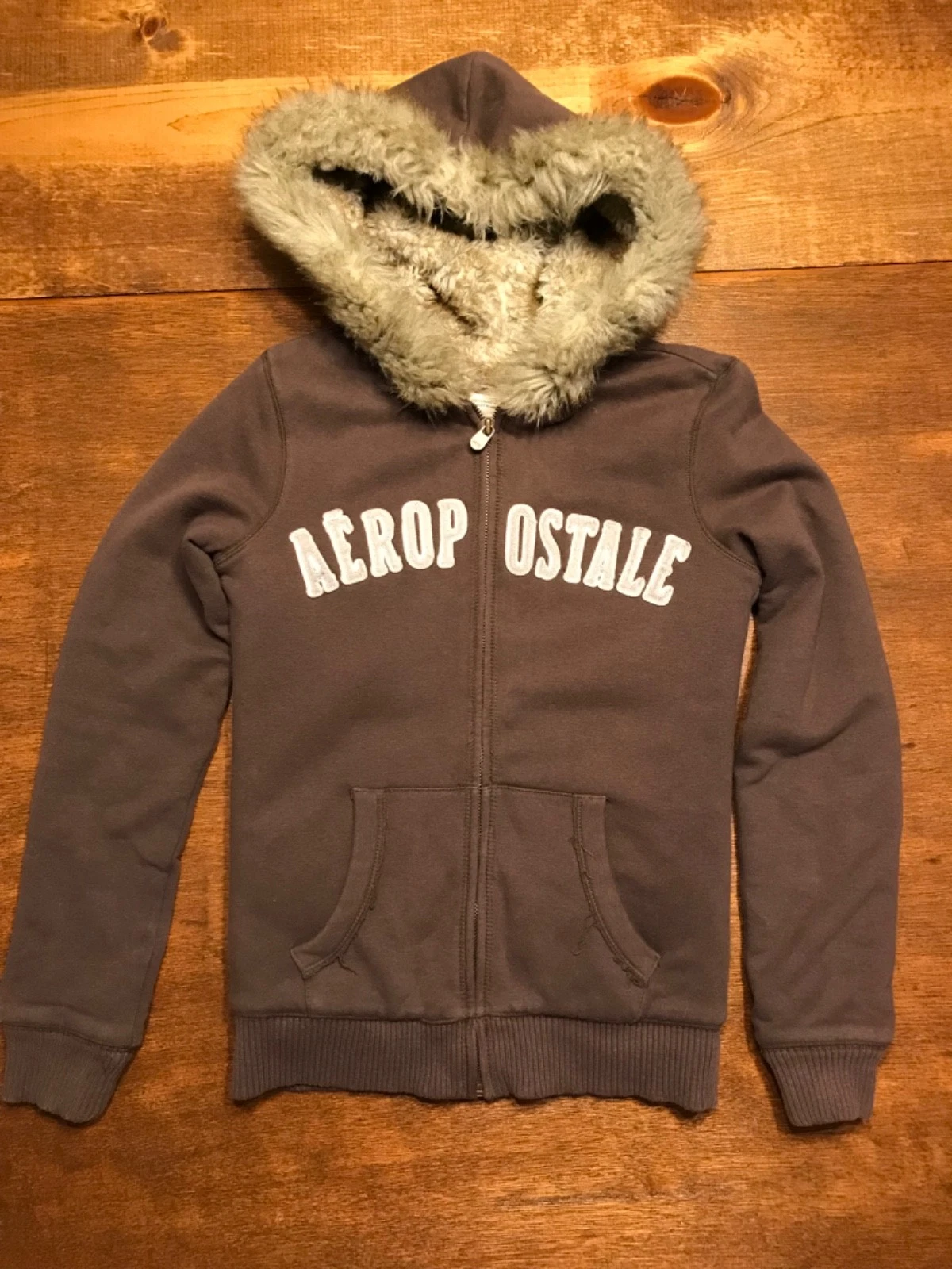 Vintage Aeropostale Fur Lined Zip Up Hoodie Brown Y2K Women Medium fits Small