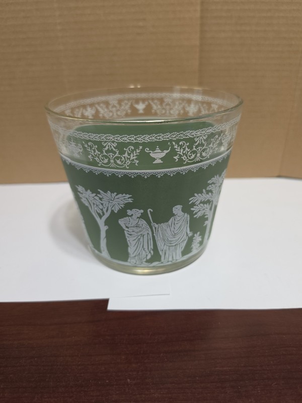 Vintage 1960s Jeanette Glass Green Hellenic Small Glass Ice Bucket 5" H X 5.75"