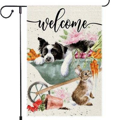 Welcome Spring Summer Garden Flag 12x18 Inch Double Sided Burlap Dog Cat Unic...