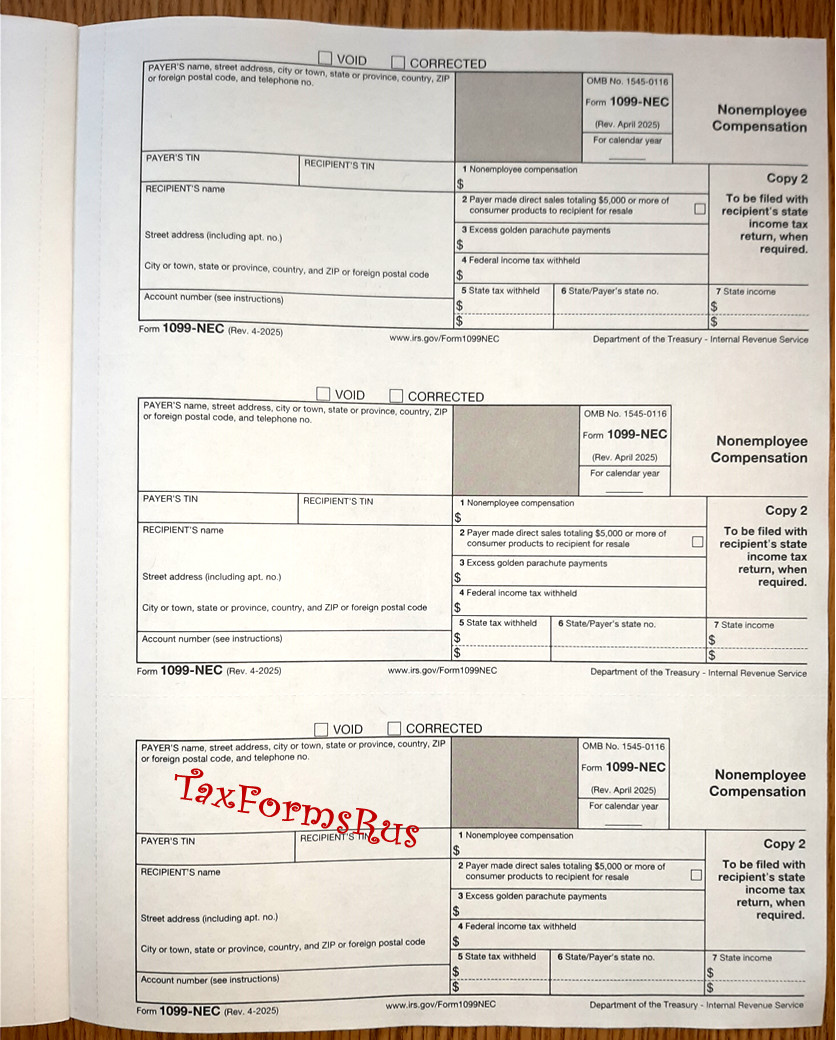 2025 IRS TAX FORM KIT: 1099-NEC for 6 recipients+envelopes+(1)1096 NONcarbonless
