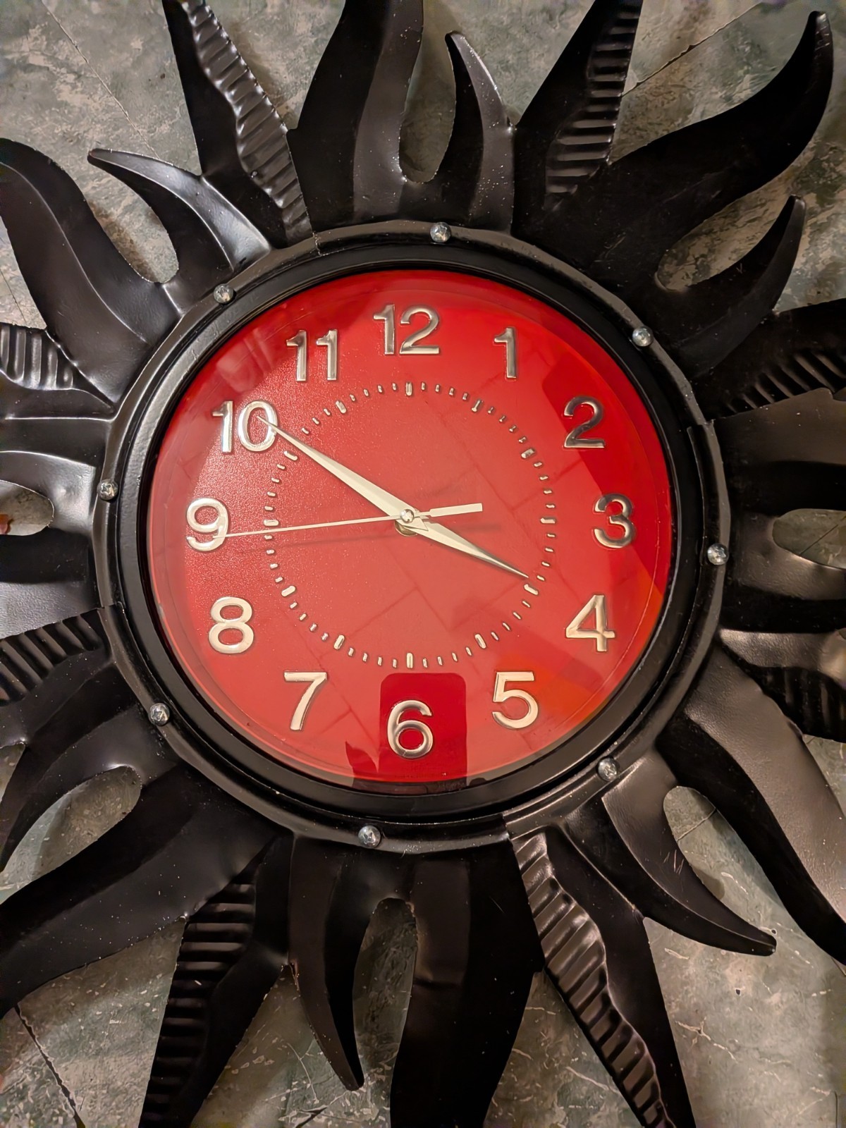 Sunburst Black Metal Red Face Wall Clock With Gold Numbers 25"