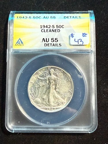 1942 S WALKING LIBERTY HALF DOLLAR ANACS AU 55 DETAILS CLEANED