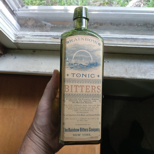 1860s PRETTY GREEN APPLIED LIP RAINBOW TONIC BITTERS NEW YORK LABELED BOTTLE