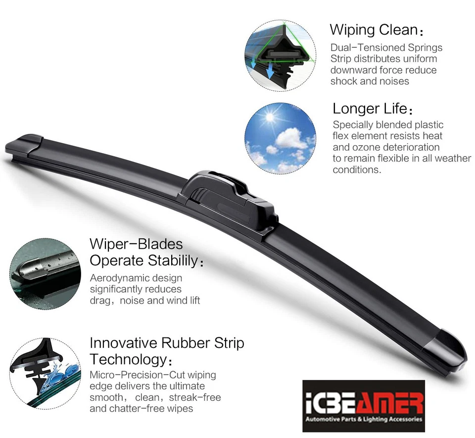 22"+22" Combo ALL SEASON U or J Hook BRACKETLESS WINDSHIELD WIPER BLADES A533 - Image 3 of 4