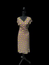Vintage-Inspired Yellow Floral Print Wrap Dress, Short Sleeve, Knee Length