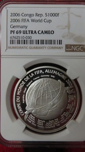 Congo Rep.  Africa 2006 FIFA football World Cup Germany Silver 1000F NGC PF69