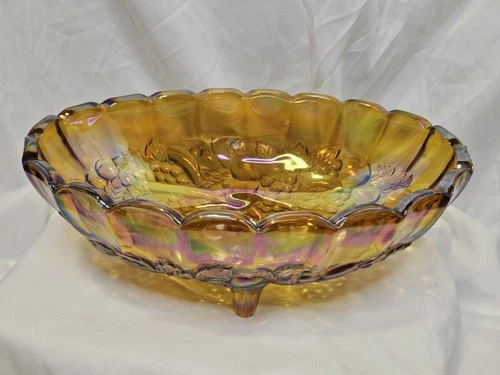Indiana Large Oval Marigold Amber Carnival Glass Footed Fruit Bowl Vintage