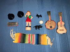 Old lot of mini harmonica Scotty dog girl figure Top hat guitars doll house