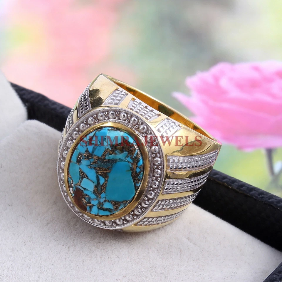 Lab Created Copper Turquoise With 18K Gold Plated Silver Ring For Men's #51 - Image 2 of 3