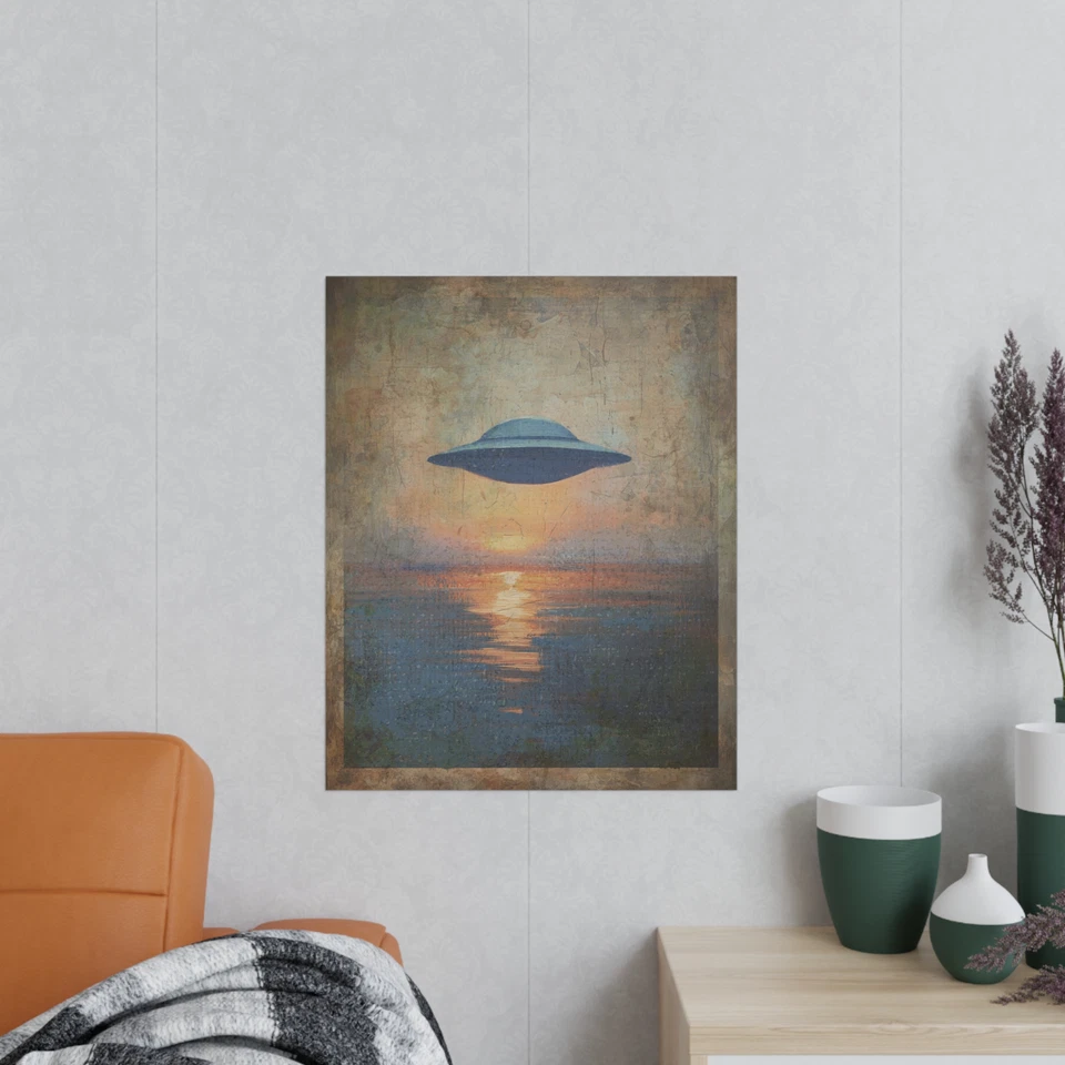 Arte de pared retro UFO SUNSET LAKE, decoración alienígena celestial, póster UAP de ciencia ficción Sunrise Foto 4 de 4