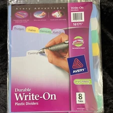 Avery Durable Write-On 8 Tab Plastic Dividers - 3 Hole Punched - 16171 - NEW!