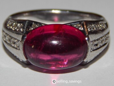 900 PLATINUM 4.47 TCW RASPBERRY TOURMALINE CABOCHON & DIAMOND RING -  9.1 GRAMS