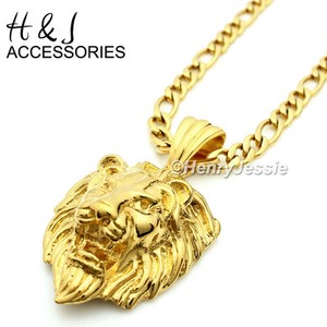 Authentic 18-40"MEN Stainless Steel 6mm Gold Plated Figaro Chain LION FACE 3D Pendant*GP50