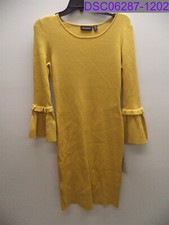 Womens Size Medium Nina Leonard Ribbed Knit Bell Sleeve Sweater Dress Mustard