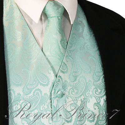 Aqua Mint Green20-HH Paisley Tuxedo Suit Dress Vest Waistcoat Neck tie  Wedding