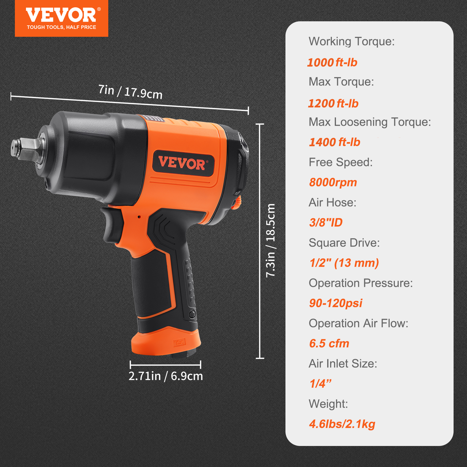 VEVOR Air Impact Wrench 1/2" Square Drive 1400ftlb 1898Nm Pneumatic Impact Gun eBay