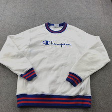 Champion Sweatshirt Mens Medium White Spell Out Fleece Embroidered Reverse Weave
