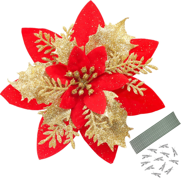 12 StüCk 5,5 Zoll KüNstliche Rot Weihnachtsstern-Blumen, Glitzernde Weihnachtsst-image