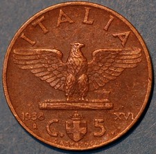 1938 Italy 5 Centesimi Vittorio Emanuele III KM# 73