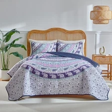 Boho Quilt Set King Size - Reversible Summer King 102*90 Purple Elephant