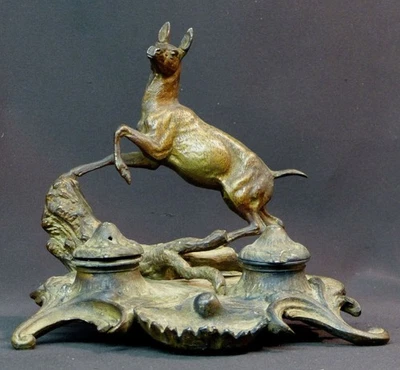 AA 1870 encrier animalier ancien biche 1.1kg21cm régule statuette sculpture déco - Photo 1/4