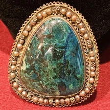 Vintage Israeli 925 Silver Gold Wash Pendant Brooch Eilat Stone & Pearls